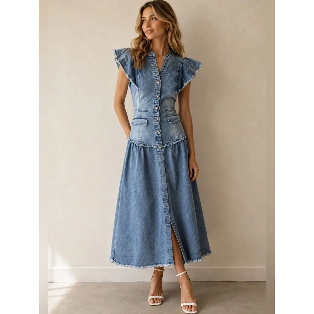 En Saison Anthropologie Denim Midi Dress XS Ruffle Button Western Cowgirl NWOT